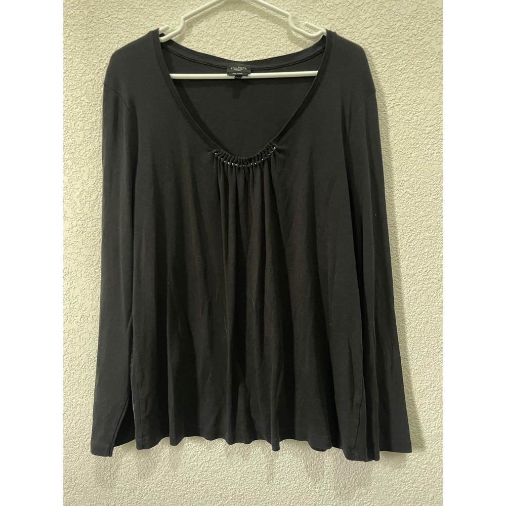 Talbots Woman 2X Black Pima Cotton Long Sleeve Embellished V Neck Top‎